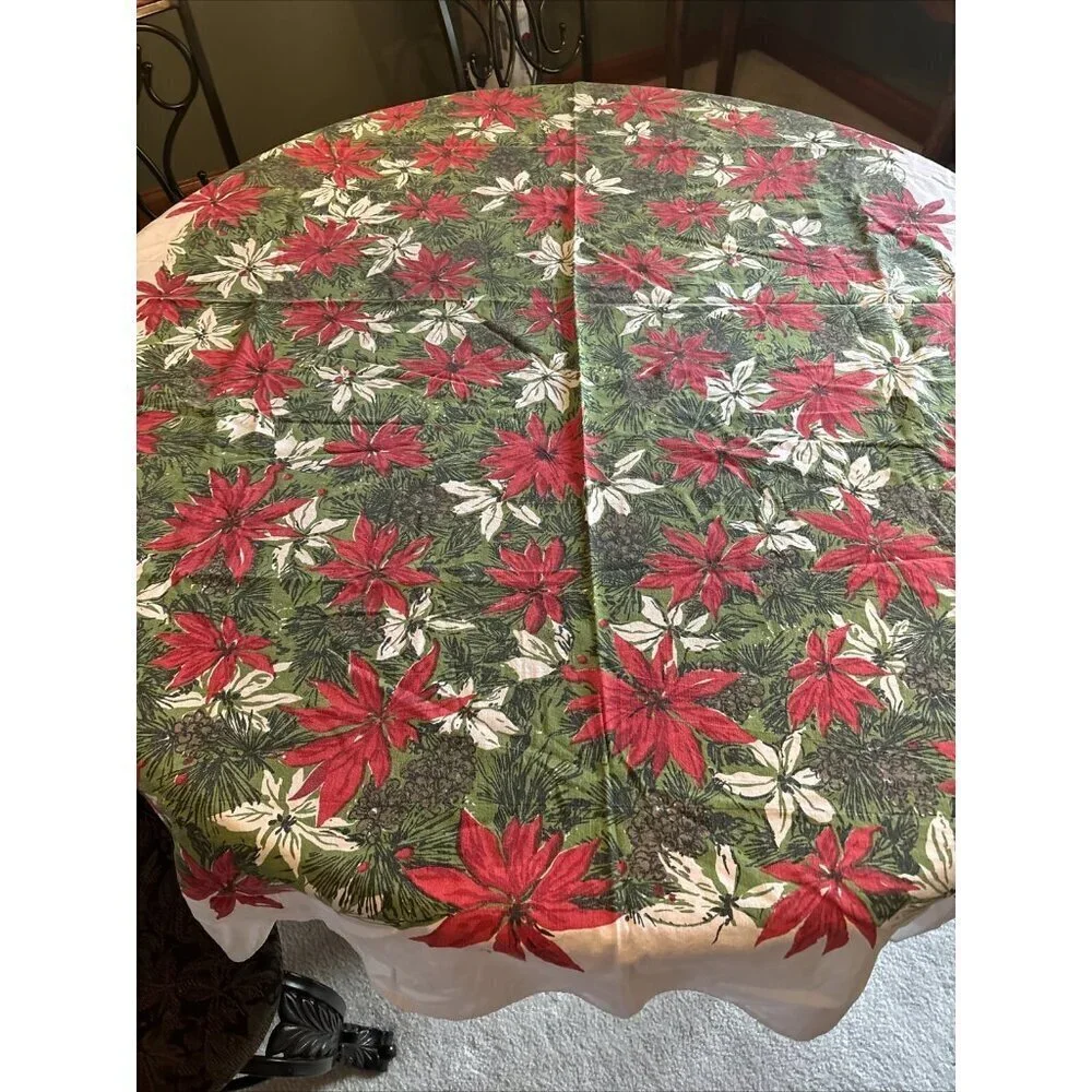 Vintage Poinsettia Cotton Tablecloth 62 X 49 Red Green & White Holiday Christmas
